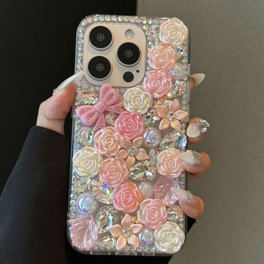 Luxury Rhinestone Studded Bow & Rose Flower 17 Bling Diamond Phone Case, New Design For IPhone 16 Pro Max, Elegant Handmade Protective Cover For IPhone 13, 15 Pro - Pink - View 1