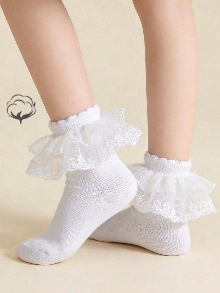 1双纯棉女童纯色蕾丝边短袜,公主风短袜,适合幼儿和大童 - 白色 - 查看 1
