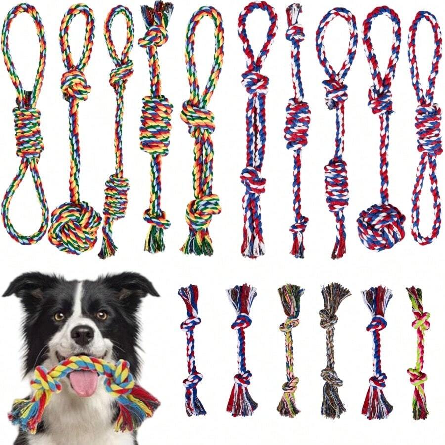2件/5件/9件/10件裝中小型犬繩索玩具套裝,幼犬磨牙拉扯繩玩具,讓狗狗忙於咀嚼的繩索咬咬玩具,專為愛咀嚼的狗狗設計 - 高強度互動拉扯玩具,混合材質,適合所有尺寸狗狗磨牙、清潔牙齒,適用於室內外訓練 - 彩色 - 查看 1