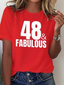 Anti-Aging T-Shirt For Women 48+ Years - 100% Loose And Comfortable Fit, Eye-Catching Print With The Number "48", Casual Wear, Birthday Party Outfit, Fun Gift Idea For A 48th Birthday, Machine Washable, White With Black Letters, Geometric Pattern, Loose Fit, Suitable For All Seasons, Fashion Garment, Casual Blouse For Women. - 紅色 - 查看 1
