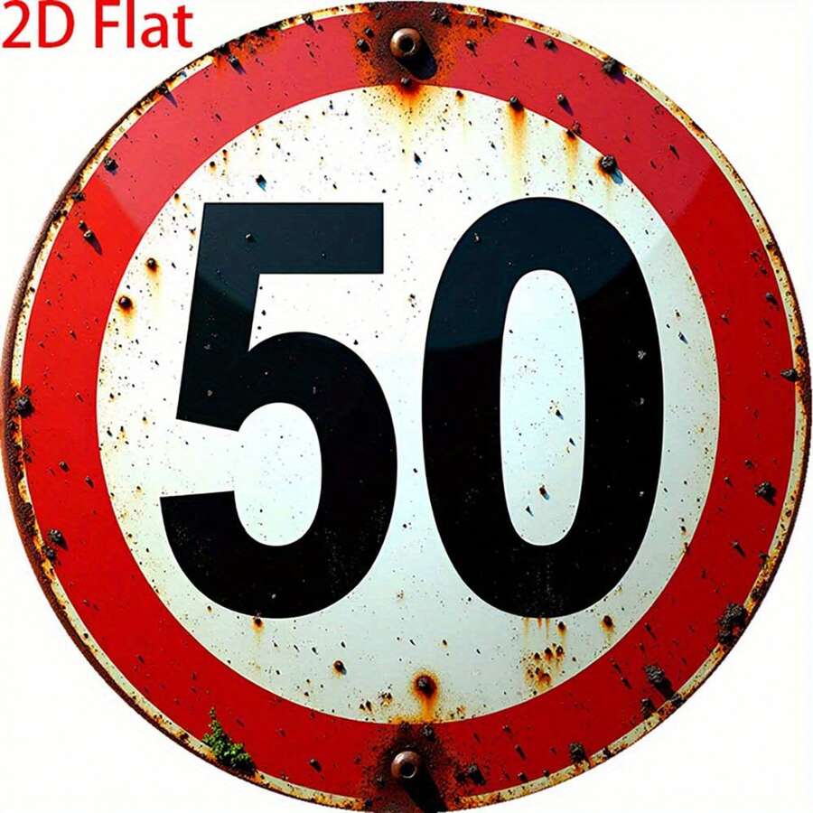 1件 2D平面復古50歲生日派對鐵製標誌 - 8"X8"圓形牆面裝飾,預鑽孔,農舍紅設計,適用於居家、酒吧、咖啡館,金屬牆面藝術,萬聖節與聖誕節裝飾,孔位如尺寸所示 - 多色 - 查看 1