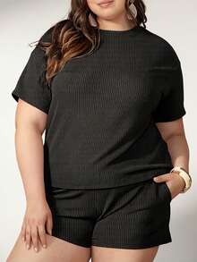 2pcs Plus Size Women Ribbed Knit Loose T-Shirt And Shorts Set - Dark Grey - View 1