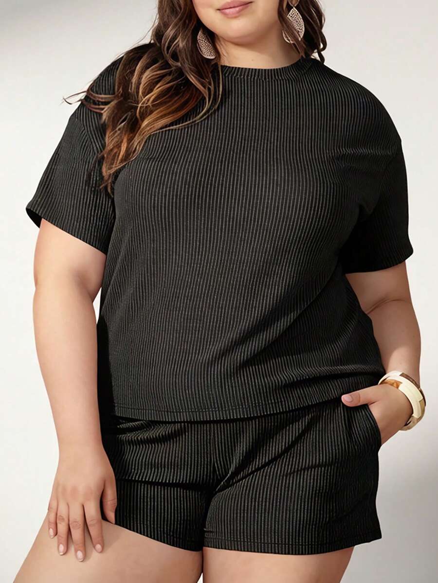 2pcs Plus Size Women Ribbed Knit Loose T-Shirt And Shorts Set - Dark Grey - View 1