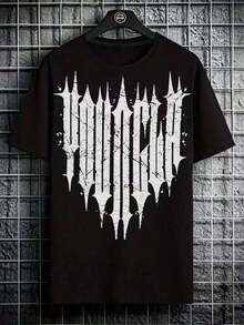 Men's Pure Cotton T-Shirt With Black Flag Name And Location Print: Casual Comic Cut, Gothic Style, Crew Neck, Spring/Summer Style, Bold Design, Comfortable Fabric, Urban Fashion, Breathable Material, A Must-Have For Streetwear Lovers, Perfect For Occasions Such As Easter, Halloween, Thanksgiving, Etc. - 黑色 - 查看 7