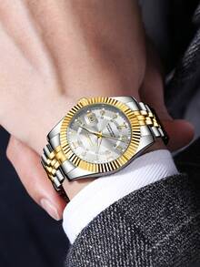 2pcs/Set Couple's Minimalist Fashion Roman Numeral Diamond Decorated Calendar Dial Classic Quartz Wrist Watch, No Watch Box Included - White - View 5