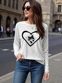 Cute Women's Cat And Heart Print T-Shirt, Soft Cotton Blend Fabric, Loose-Fitting Casual Summer T-Shirt For Everyday Wear And More - 2-白 - 查看 3
