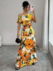 Long Asymmetrical Dress With Ruffles At The Shoulders And Waist, Floral Print, Elegant And Minimalist, Suitable For Work, New Year's, Streetwear, French Romantic Style, Casual, Middle Eastern Retro, Afternoon Tea, Party, Thanksgiving, Back To School, Spring/Summer - 黃色 - 查看 3