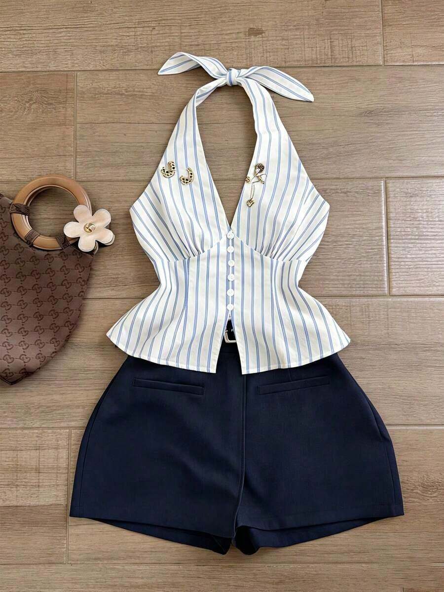 Conjunto casual de 2 piezas de top halter con corbata y shorts a rayas para mujer - Multicolor - Ver 1