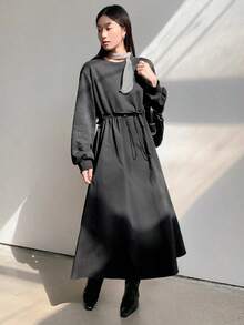xheDAZY Vestido holgado y casual con cintura ceñida y manga larga para mujer, vestido largo de otoñoxhe - Negro - Ver 8
