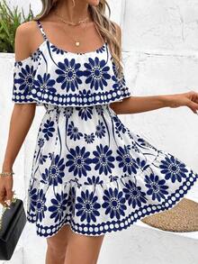 Vestido corto elegante de mujer con cuello en V, volantes y cintura de línea A, con estampado de leopardo marrón y hombros descubiertos - Azul - View 6