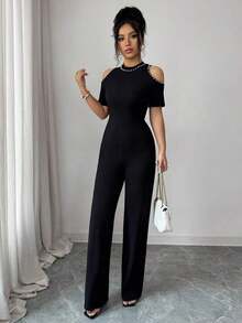Mono elegante de mujer con hombros descubiertos y decoración de perlas falsas, adecuado para primavera, verano y otoño, para uso diario, ir al trabajo y citas - Negro - Ver 7