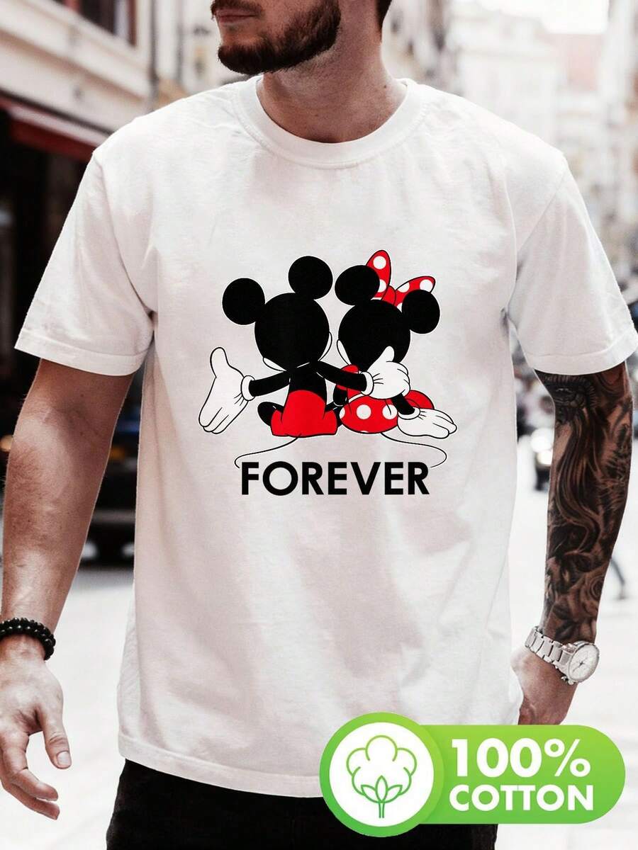 Disney Minnie Mouse Back To Back Print T-Shirt, Short Sleeve Crew Neck Casual Top For Summer & Spring, Men's Clothing - 白色 - 查看 1