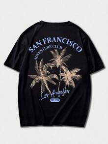 Coastal | Men's Plus Size Short Sleeve T-Shirt, Casual Vacation Style, With California Coastal Print | 100% Cotton | Suitable For Summer Wear | Comfortable And Breathable | Fashionable - 黑色 - 查看 3