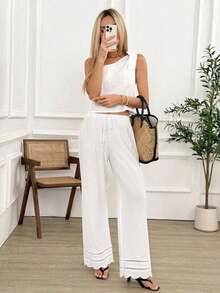 Pantalones anchos de pierna ancha de satén negro de larga duración con ajuste cómodo para mujeres, pantalones de satén negro, pantalones de seda para mujeres, pantalones de satén negro, pantalones de seda negra, pantalones casuales para mujeres - Blanco - Ver 4