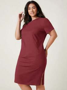 Vestido casual para cena y citas de tallas grandes con abertura lateral y color sólido - Burdeos - Ver 4