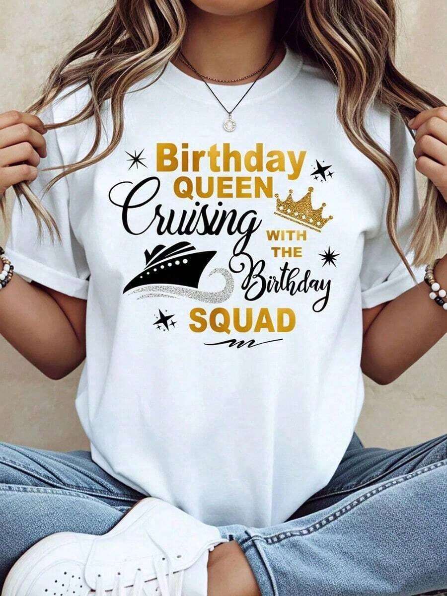 Camiseta de Cumpleaños para Mujer "Birthday Queen Cruising With The Birthday" - Camiseta Gráfica de Cuello Redondo para Fiesta, Celebración, Regalo de Viaje o Crucero, Idea de Regalo de Cumpleaños, 220g, Transpirable y Cómoda - Blanco - Ver 1