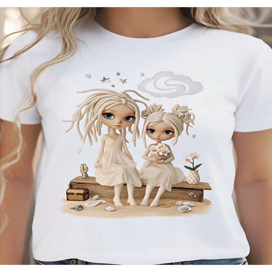 Camiseta de mujer con Dueño de mu?ecas lindas, estilo veraniego de playa, escena de madre e hija, ropa casual 2D, camiseta de mujer, Dueño casual holgado, ligeramente extendido S-XXXL - Blanco - Ver 1