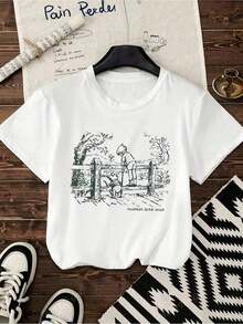Camiseta Casual para Mujer con Estampado de "Piggy 100 Acres Of Forest" - Suave, Transpirable, de Manga Corta y Cuello Redondo, Ideal para el Verano y el Uso Diario. Camiseta para Mujer con Diseño Divertido, Estilo Urbano, Estampado de Dibujos Animados, Exclusiva para Fans, Transpirable y Cómoda. - Blanco - Ver 1