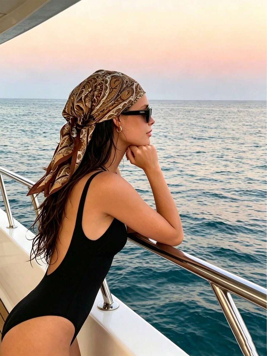 Lenço de cabeça estampado estilo boêmio (1 unidade), clássico para viagens ao ar livre, faixa de cabelo quadrada feminina, acessório para cabelo. - Multicolorido - Ver 1