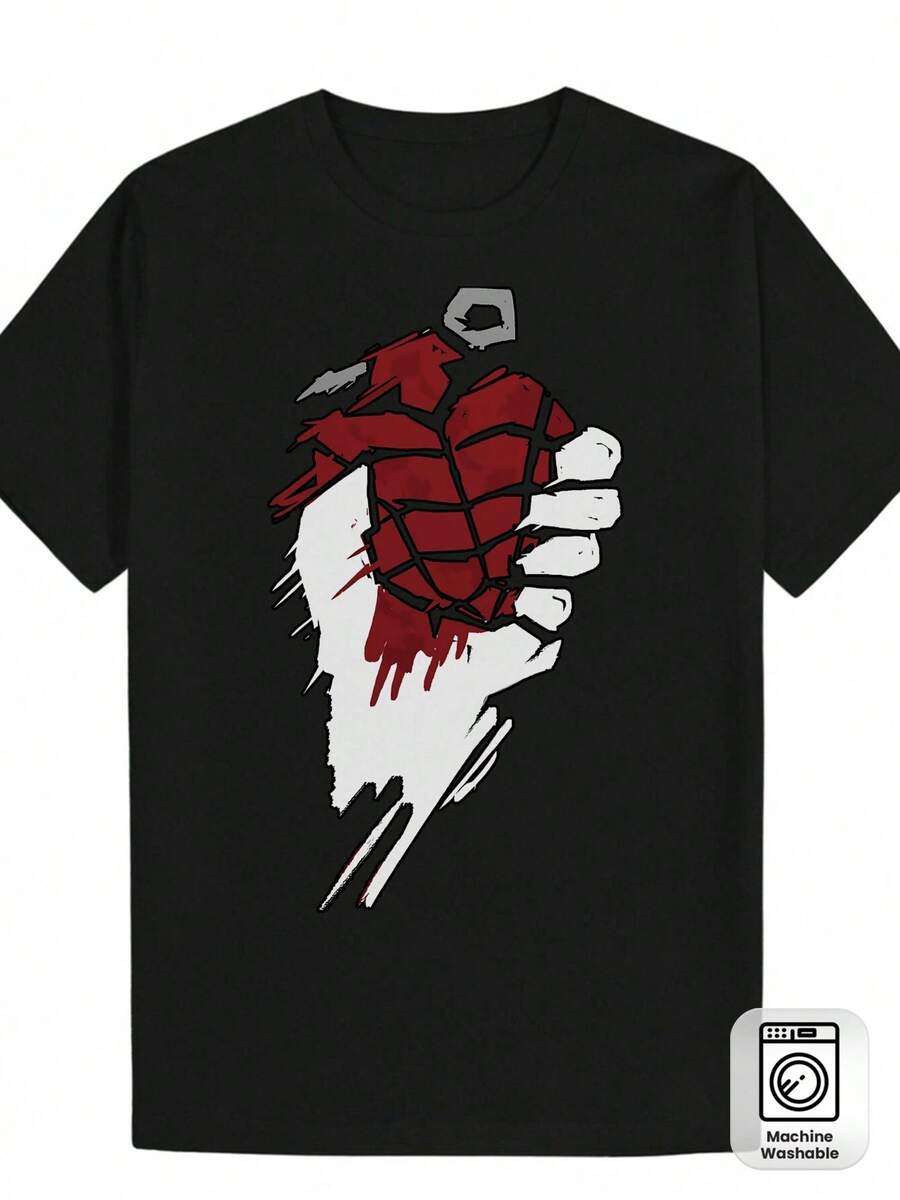 Camiseta Gráfica de Vendaje Granada Roja para Hombres - Estilo Holgado y Urbano para Fiestas, Playa y Ropa Casual| Camiseta Suave y Transpirable para Jóvenes Adultos (Lavable a Máquina, Cuello Redondo Holgado)| Moda Urbana para Todas las Estaciones - Negro - Ver 1