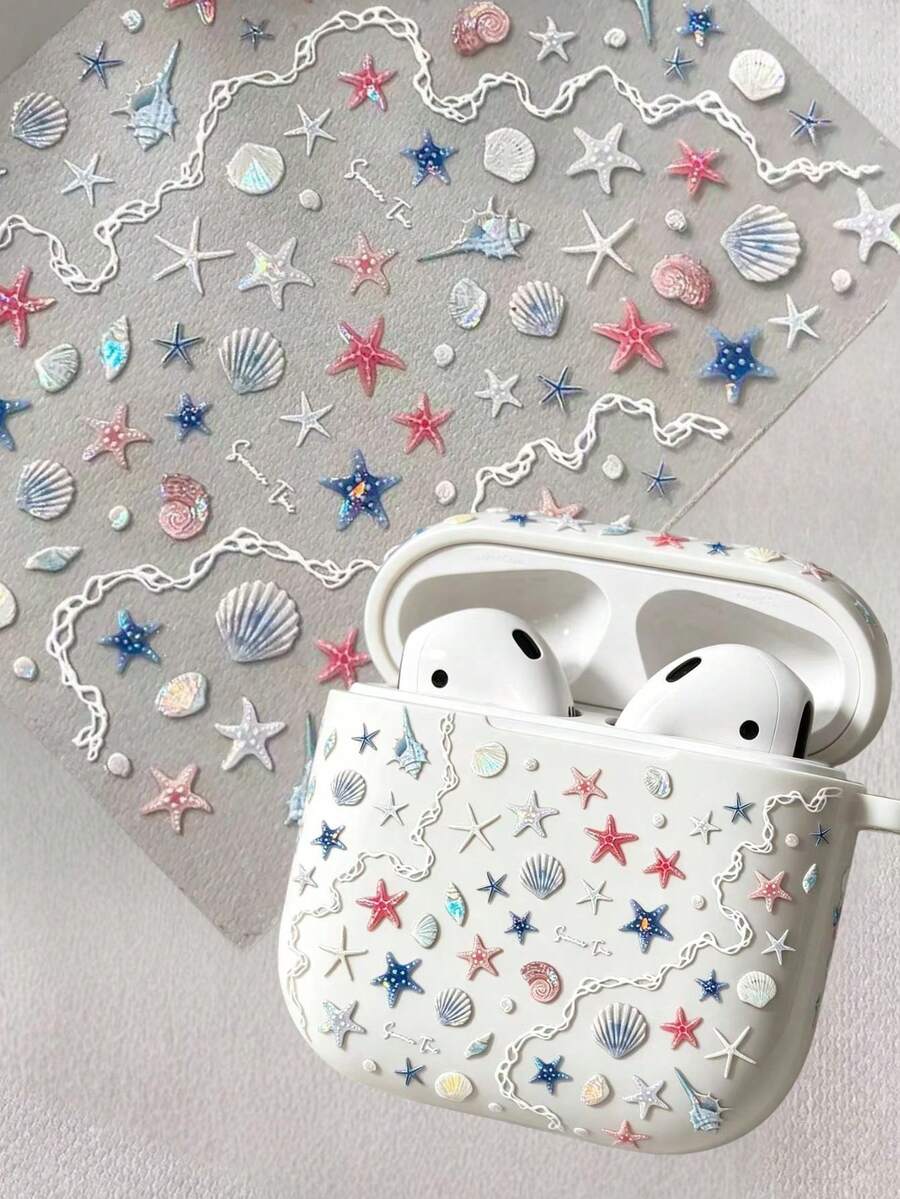 1pc Ocean Style 3D Embossed Starfish & Shell Stickers, Ins Style Summer Beach Vacation Waterproof Decorative Decals For Earphone Case, Phone Case, Water Bottle, Scrapbook DIY - Blue Starfish Sticker YT5942 - View 1