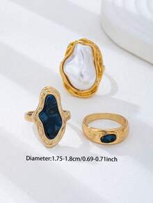 3 Pcs Imitation Baroque Pearl Ring Set For Women, Gold & Silver Plated Stackable Statement Rings With Fresh Water Pearl Dangling, Minimalist Basic Design Jewelry For Daily And Party Wear - Multicolor - View 3