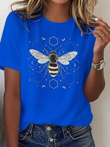 Comfortable Solid Color T-Shirt For Women With A Bee Design Featuring Transparent Wings And A Honeycomb Pattern. - Blue - View 7