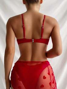 Swim  3 piezas Conjunto de sujetador con aros con estampado de corazones y Bottom tipo bikini y falda cubrepantalones, traje de baño de playa de verano - Rojo - Ver 4