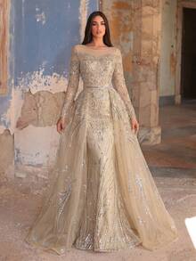 Faeriesty Đầm dạ hội dài tay dáng đuôi cá đính sequin sang trọng dành cho nữ - Thêu tinh xảo, dáng ôm xòe nhẹ, đính pha lê toàn thân, thích hợp cho các buổi tiệc cưới trang trọng, sự kiện thảm đỏ, dạ hội và lễ kỷ niệm. - Rượu sâm banh - Xem 6