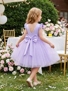 Vestido de fiesta de tul con mangas de vuelo y lazo en color morado, vestido de princesa elegante para niñas, adecuado para fiestas de cumpleaños, bodas, bailes de graduación, celebraciones festivas, niña de las flores - Púrpura malva - Ver 2