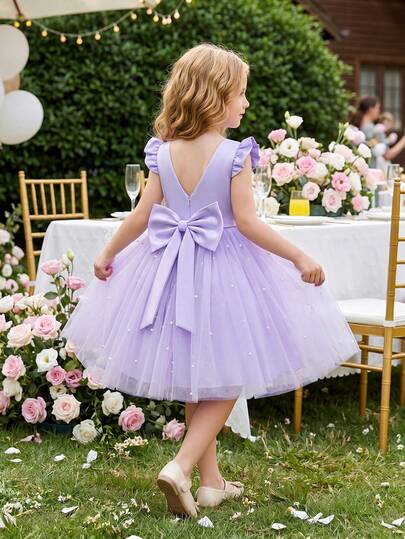 Vestido de fiesta de tul con mangas de vuelo y lazo en color morado, vestido de princesa elegante para niñas, adecuado para fiestas de cumpleaños, bodas, bailes de graduación, celebraciones festivas, niña de las flores