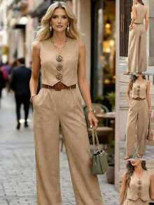 Conjunto de 2 piezas de chaleco y pantalones con flores 3D elegantes para mujer, mezcla de lino, adecuado para el uso diario y múltiples ocasiones, regalo para mamá, conjunto de lino de verano para mujer con pantalón de pierna ancha y chaleco sin mangas - Negro - Ver 1