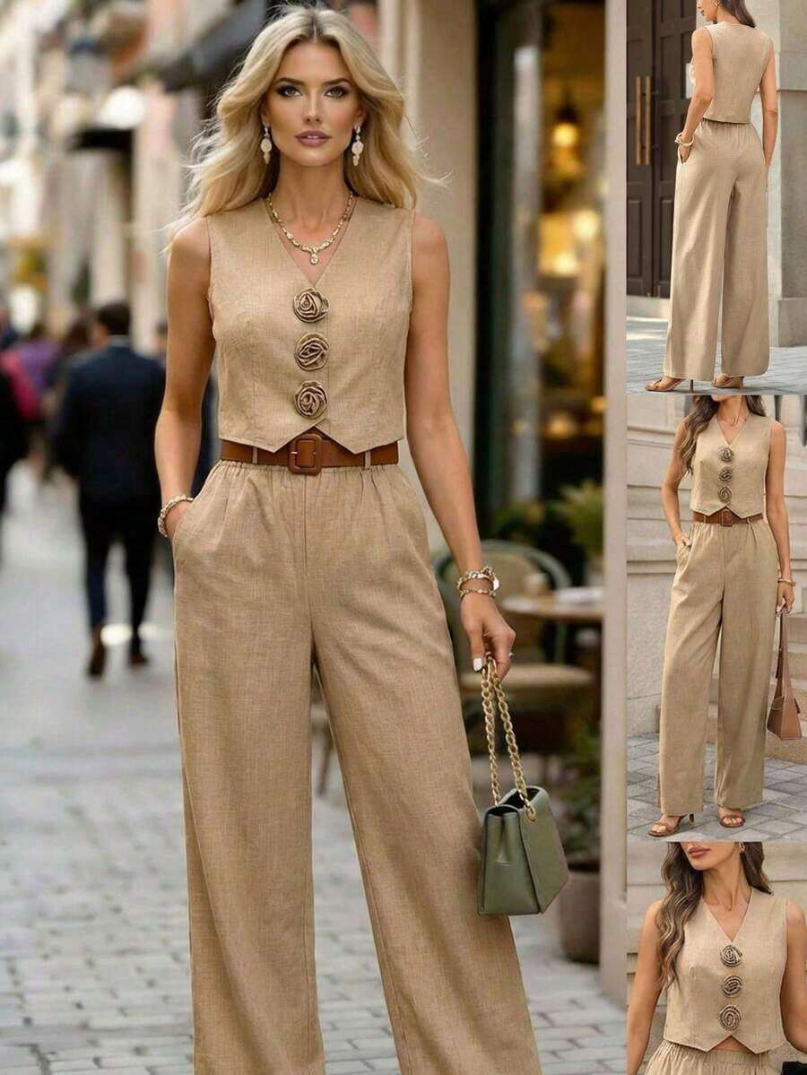 Conjunto de 2 piezas de chaleco y pantalones con flores 3D elegantes para mujer, mezcla de lino, adecuado para el uso diario y múltiples ocasiones, regalo para mamá, conjunto de lino de verano para mujer con pantalón de pierna ancha y chaleco sin mangas - Negro - Ver 1