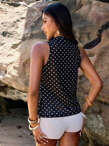 Parte superior de halter con volantes y estampado de lunares para mujer, elegante, para verano, vacaciones de primavera, Día de San Valentín, carnaval, playa, vacaciones de verano, parte superior de lunares amarillos, nuevos lanzamientos 2026, adecuada para vacaciones en la playa, citas, uso casual y días festivos - Negro - Ver 2