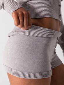 Shorts de punto para mujer, corte ajustado informal, elegantes, de color liso, con botones, elástico acanalado y tiro bajo. - Gris - Ver 3
