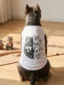 LUCKIE PAW 1pc Wolf Portrait Pattern Pet Vest, Physical Flea Prevention, Reduces Shedding, Insulated And Breathable Dog Vest, Suitable For Large And Small Dogs And Cats, Indoor And Outdoor Use - White - View 2