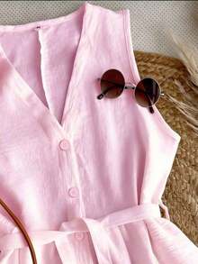 Vestido mini de mujer con cuello en V sin mangas, cintura con lazo y dobladillo con volantes, adecuado para primavera, verano, otoño e invierno, apropiado para citas, casual elegante, ir al trabajo, vestido de resort para mujer, atuendo de oficin - Rosa - Ver 4