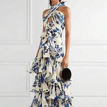 Vestido estampado de verano nuevo, estilo bohemio vacacional, lazos ajustables, estilo lolita, falda amplia voluminosa - Azul - Ver 2
