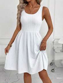 Vestido corto casual de mujer con cuello redondo y sin mangas con estampado de lunares - Blanco - Ver 6