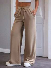 Pantalones de chándal de mujer de punto de unicolor, cómodos y casuales con pierna ancha - Camel - Ver 4