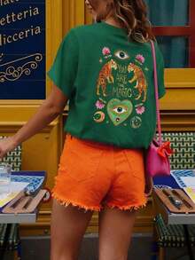 Camiseta de Verano de Manga Corta con Cuello Redondo y Estampado de Tigre Misterioso para Mujer Talla Grande - Verde Oscuro - Ver 3