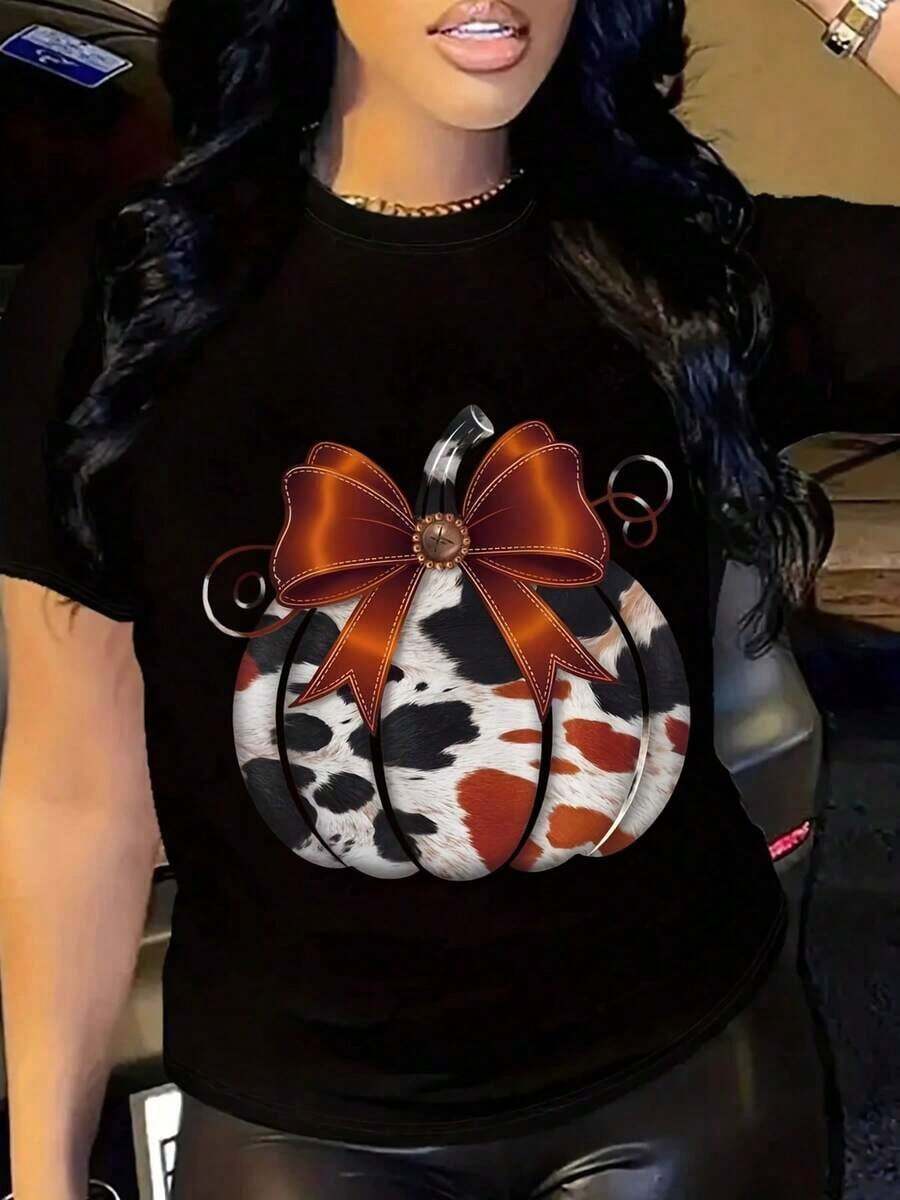 Camiseta Casual de Manga Corta con Cuello Redondo para Mujer, Estampado Gráfico de Lazo de Cuero Vacuno, Camisetas de Otoño e Invierno, Camiseta de Algodón - Negro - Ver 1