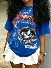 Cotton Clothes Y2K-Inspired Letter Print T-Shirt,Casual Crew Neck Short Sleeve, Perfect For Spring Summer Fall, Fashion Streetwear Unisex, Graphic Tee - 藍色1 - 查看 6
