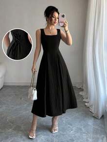 MEXRafferiza Vestido elegante de cuello cuadrado con espalda descubierta y cintura ceñida, con rayas verticales de color azul claroMEX KN9O - Negro - Ver 11