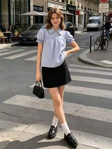 Women's Fashion Plaid Short Sleeve Shirt Summer - Blue - View 3