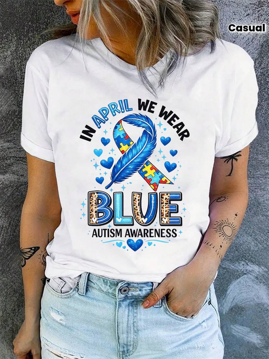 We Use Blue Printed T-Shirts To Promote Autism Awareness, Casual Short-Sleeved Crew Neck T-Shirts, Women's Clothing. - 白色 - 查看 1