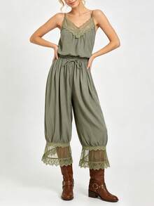 Women's Summer Lace Patchwork V Neck Jumpsuit - Spaghetti Strap Sleeveless With Drawstring Waist For Vacation  Daily - Army Green - View 2