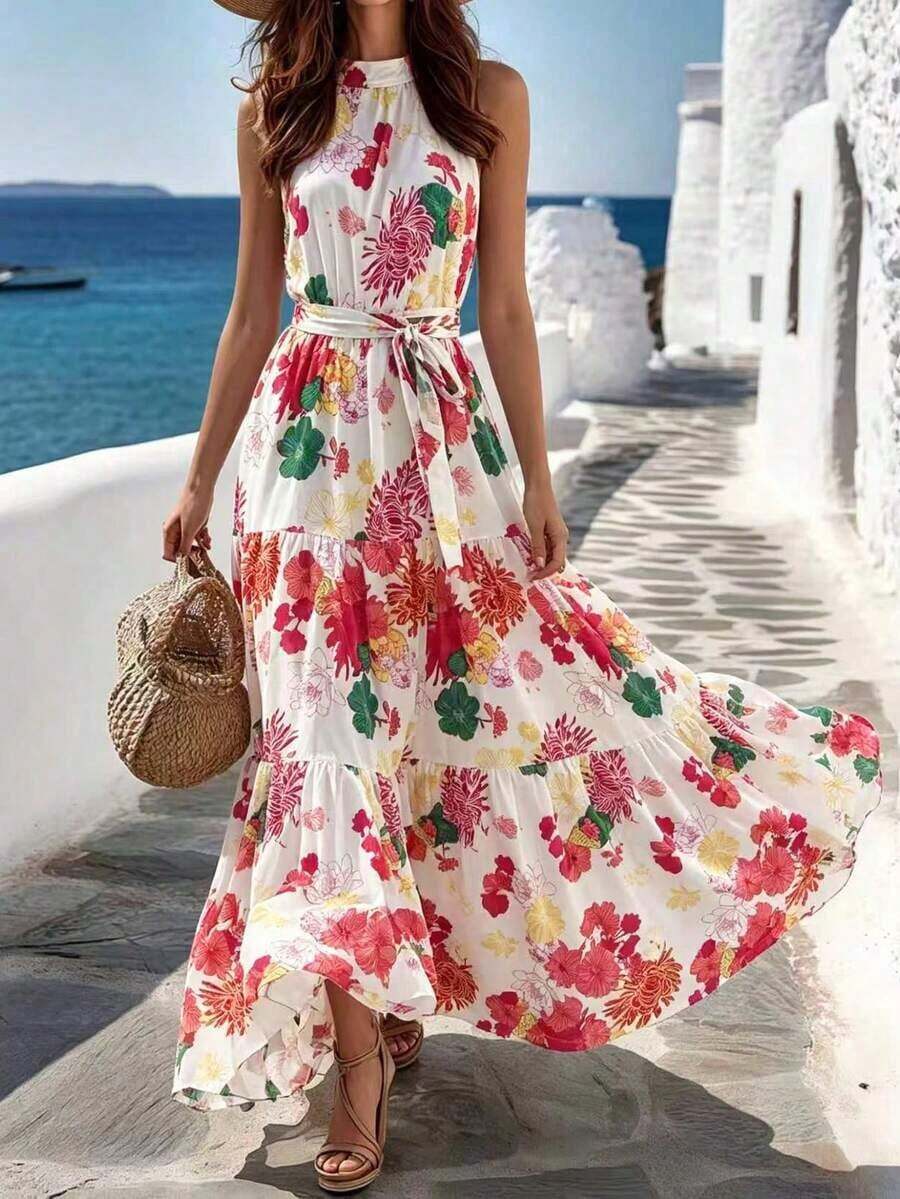 xheBreezaya Vestido largo con estampado de lunares, volantes en el bajo y cinturón para mujerxhe - Rojo y blanco - Ver 1