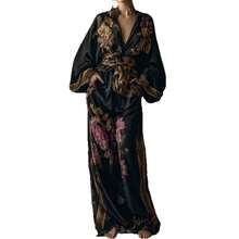 Conjunto de Dos Piezas para Mujer Primavera/Verano 2026: Top con Estampado Vintage, Escote Profundo en V y Lazo, y Pantalones de Pierna Ancha - Negro - Ver 6