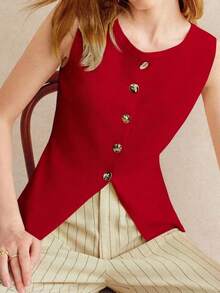 Knit Blouse – Round Neck, Front Buttons – Elegant And Minimalist Design – Perfect For Everyday Wear - 黑色 - 查看 11